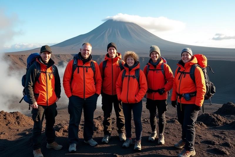 A team of Volcanic Vista Co guides standing proudly against a dramatic, active volcanic landscape at sunrise.