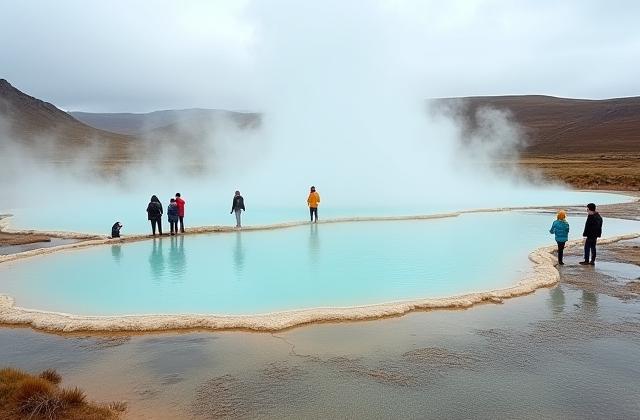 Geothermal pools and steam vents in Iceland, with tourists observing.
